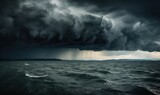  a storm is coming over the ocean with a boat in the foreground.  generative ai