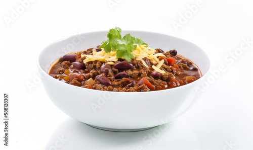 a white bowl filled with chili and beans on a white surface.  generative ai
