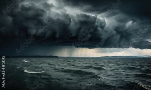  a storm is coming over the ocean with a boat in the foreground. generative ai