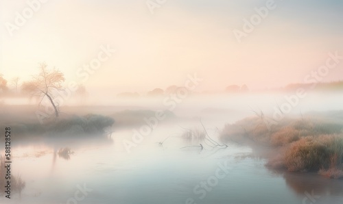  a foggy river with a few trees in the distance.  generative ai © Olga