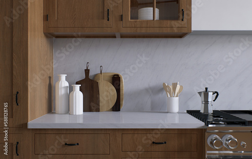 Spacious wooden kitchen with white marble. 3d rendering.