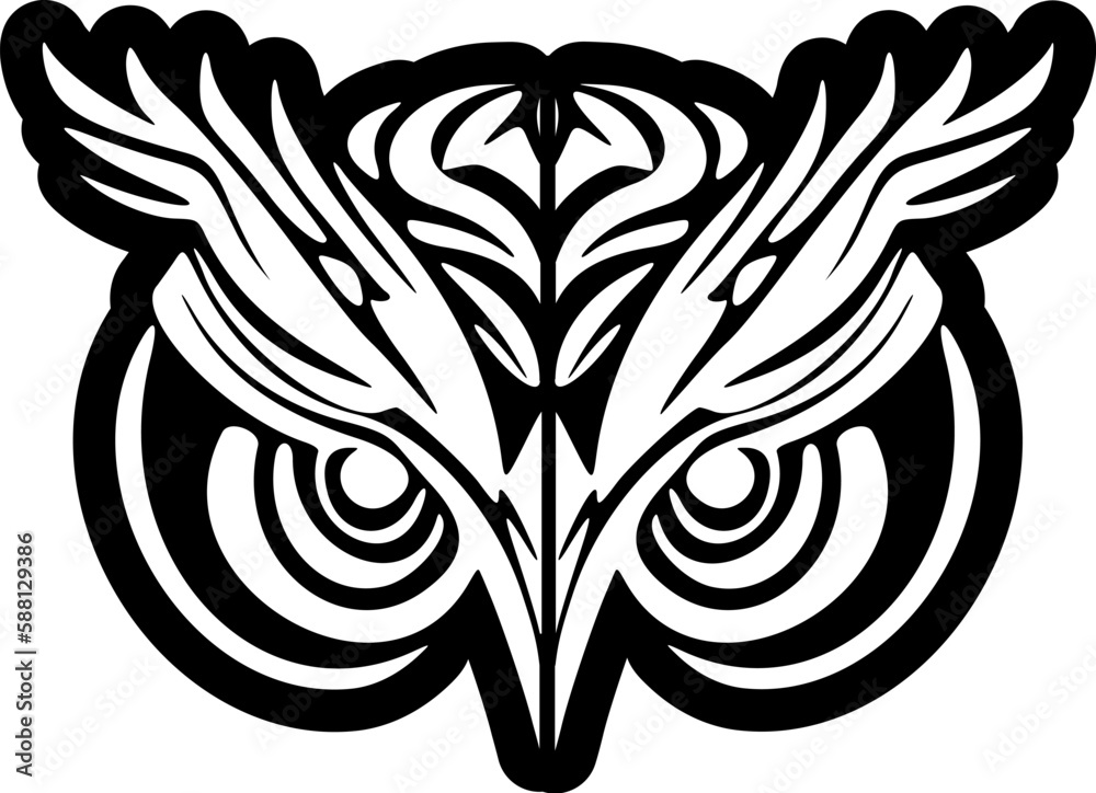 ﻿Tattoo of an owl with black and white face, adorned with Polynesian designs.