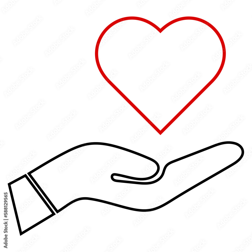 Red heart on black hand icon, flat style outline illustration object for care, love, valentine, health, charity, save, web, app, mobile, label, logo, sticker, stamp, UI. Isolated on white background. Red heart on black hand icon, flat style outline illustration object for care, love, valentine, health, charity, save, web, app, mobile, label, logo, sticker, stamp, UI. Isolated on white background.