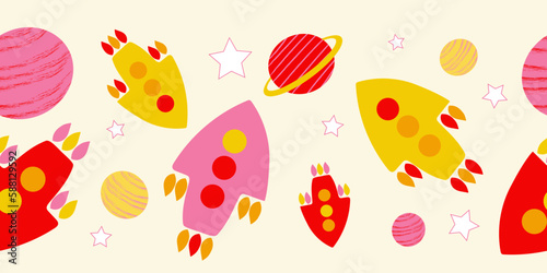 Spaceships with planets and stars in warm colors on a pale yellow background. Seamless border with space elements. Cartoon vector illustration.
