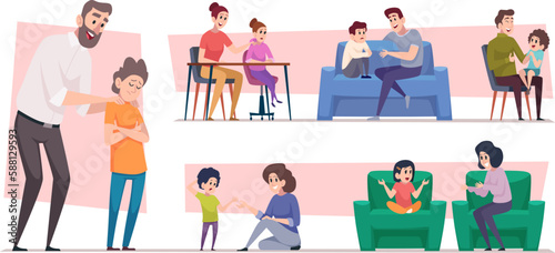 Kids dialog. Family talks mother and father talking with kids exact vector characters