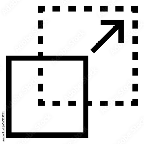 Scaling or resizing black color graphic icon. A solid square expands to a larger dotted square.