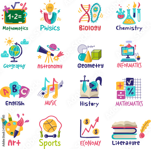 Science symbols. Logotype for lessons mathematics  chemistry  geography recent vector templates