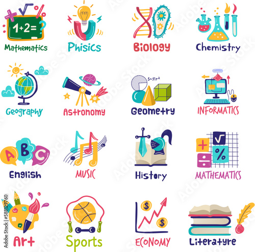 Science symbols. Logotype for lessons mathematics, chemistry, geography recent vector templates