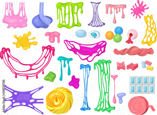 Slime. Bubblegum splashes coloured delicious sticky products recent vector cartoon templates set