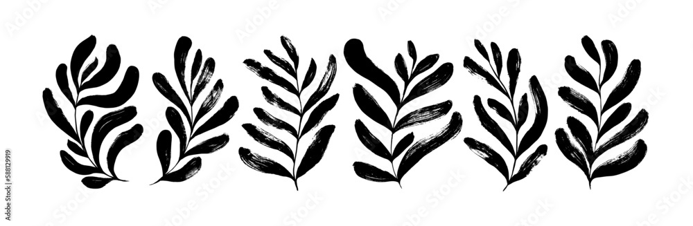 Abstract brush drawn fronds or branches isolated on white background. Collection of vector matisse style tropical branches. Naive hand drawn leaf illustrations. Modern organic plant shapes.