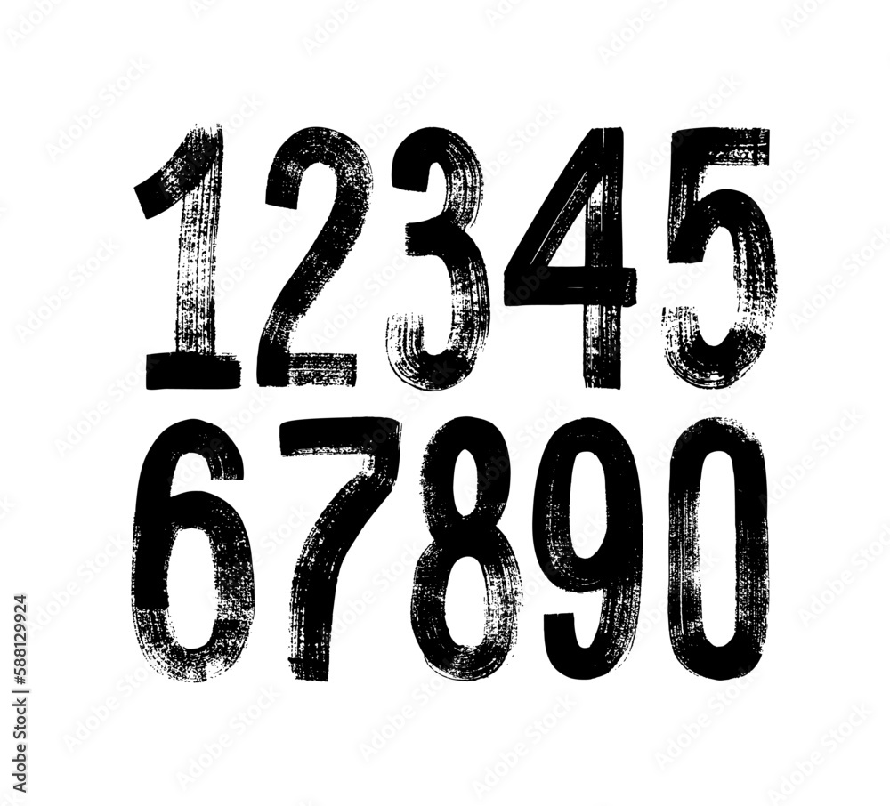 Hand drawn grunge vector numbers. Dirty textured font. Black ink characters isolated on white background. Dirty painted numbers set. Dry brush texture. Typography vector elements.