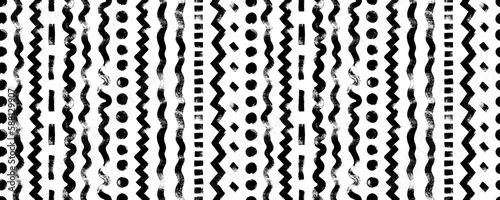 Hand drawn whimsical seamless pattern with different vertical lines. Textured organic vertical brush strokes, zigzags, curved lines and dots. Grunge vector stripes. Tribal motif ornament. 