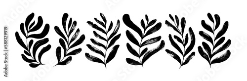 Abstract brush drawn fronds or branches isolated on white background. Collection of vector matisse style tropical branches. Naive hand drawn leaf illustrations. Modern organic plant shapes.