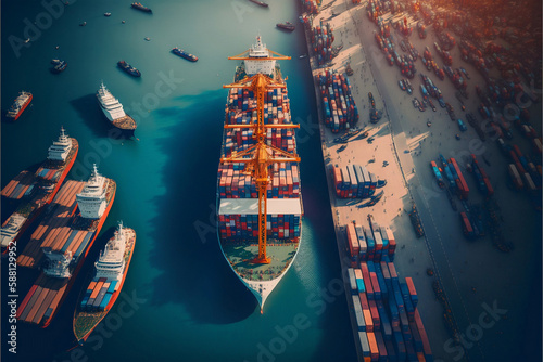 aerial view country, Storage of containers in logistics port terminal for export with multi-colored aerial view from above anchored in busy harbour, with workers in the background. Generative AI