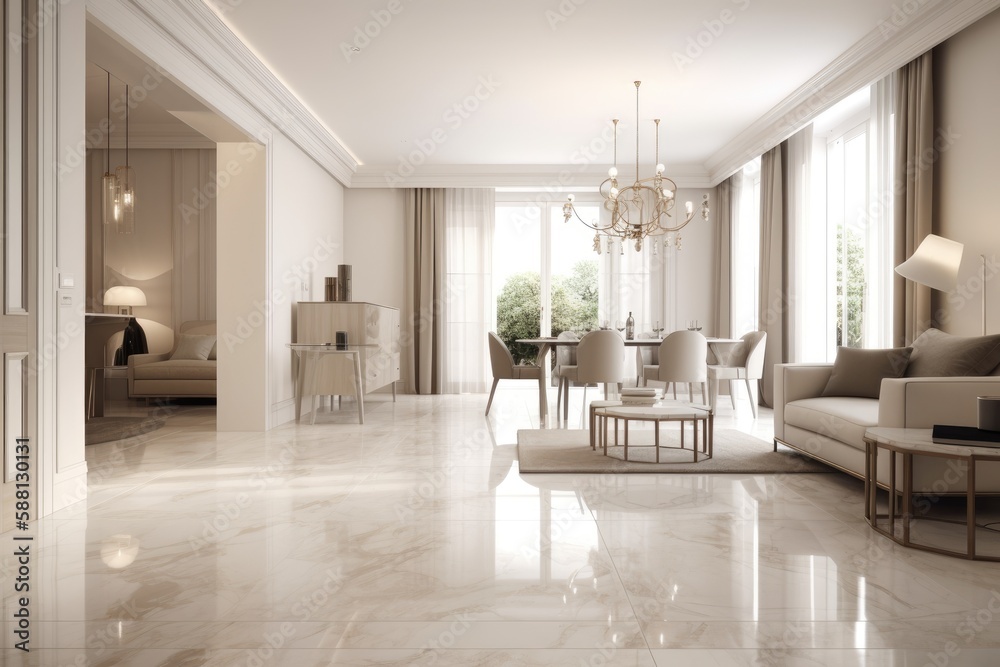 Fototapeta premium classic living room with elegant furniture and a grand chandelier as the centerpiece. Generative AI