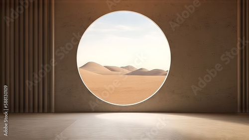 Empty concrete room with large circle window and round podium for product presentation on nature background (AI Generated)
