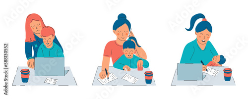 Set of female freelance worker with child at workplace. Maternity and career.