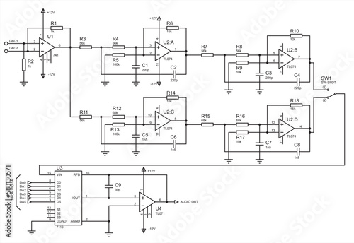 Schematic diagram of electronic device. Vector drawing electrical circuit with operational amplifier, resistor, capacitor, switch and other electronic components.