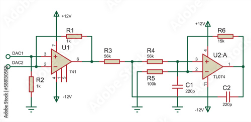 Schematic diagram of electronic device.
Vector drawing electrical circuit with operational amplifier,  resistor, capacitor 
and other electronic components.