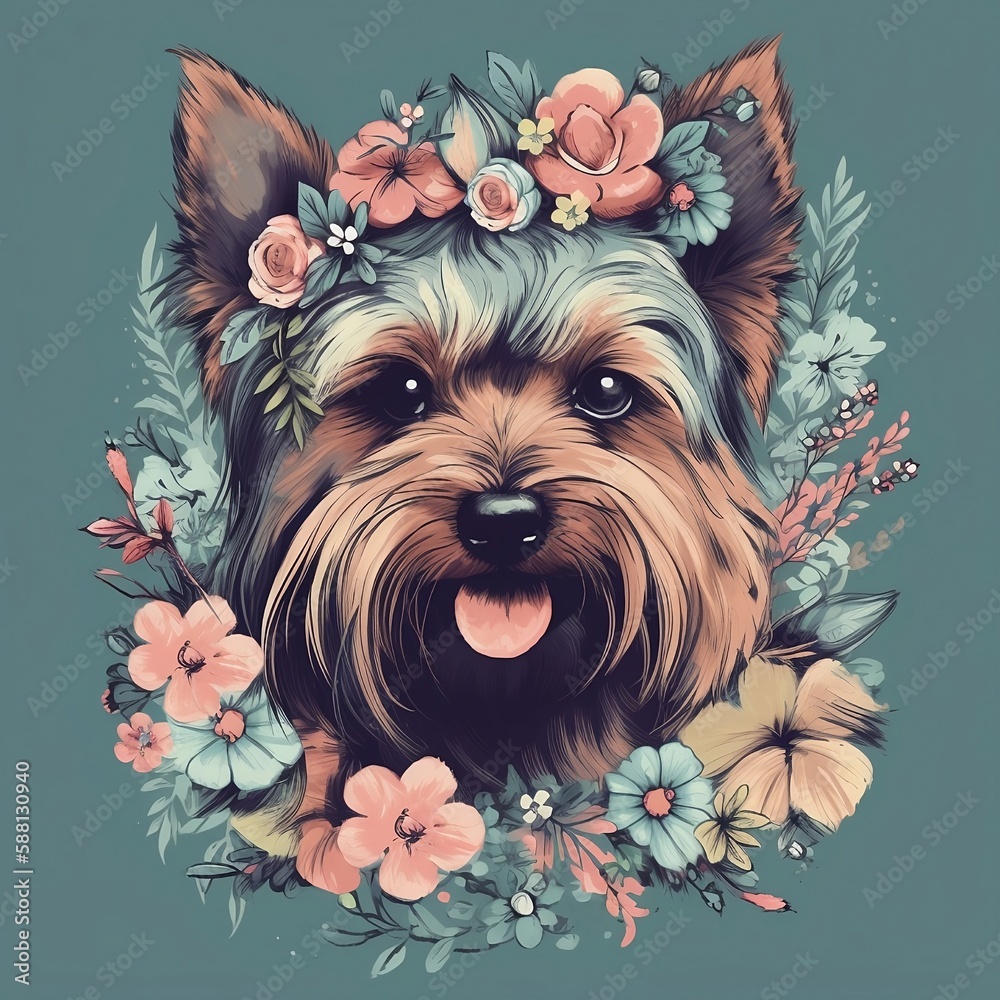 Cute yorkshire terrier with flowers around neck. Created as Generative AI technology.