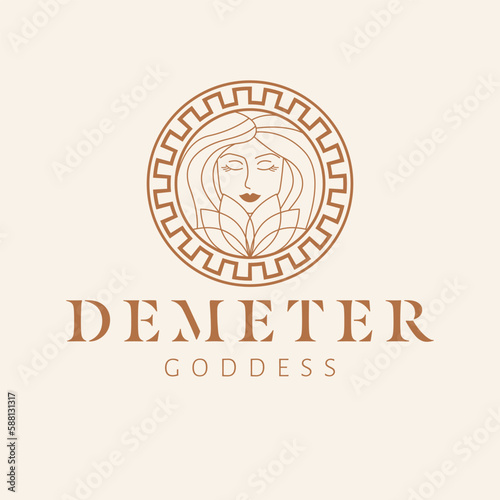 Demeter goddess logo design. Greek goddess vector logotype. Beauty and art industry logo template. Goddess of fertility, the patroness of agriculture