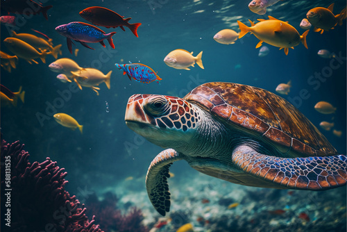 turtles swimming in the ocean with the sun shining on them and the sunshine in the sky above, with the sun shining in the middle of the water, colorful fish and coral. Generative AI