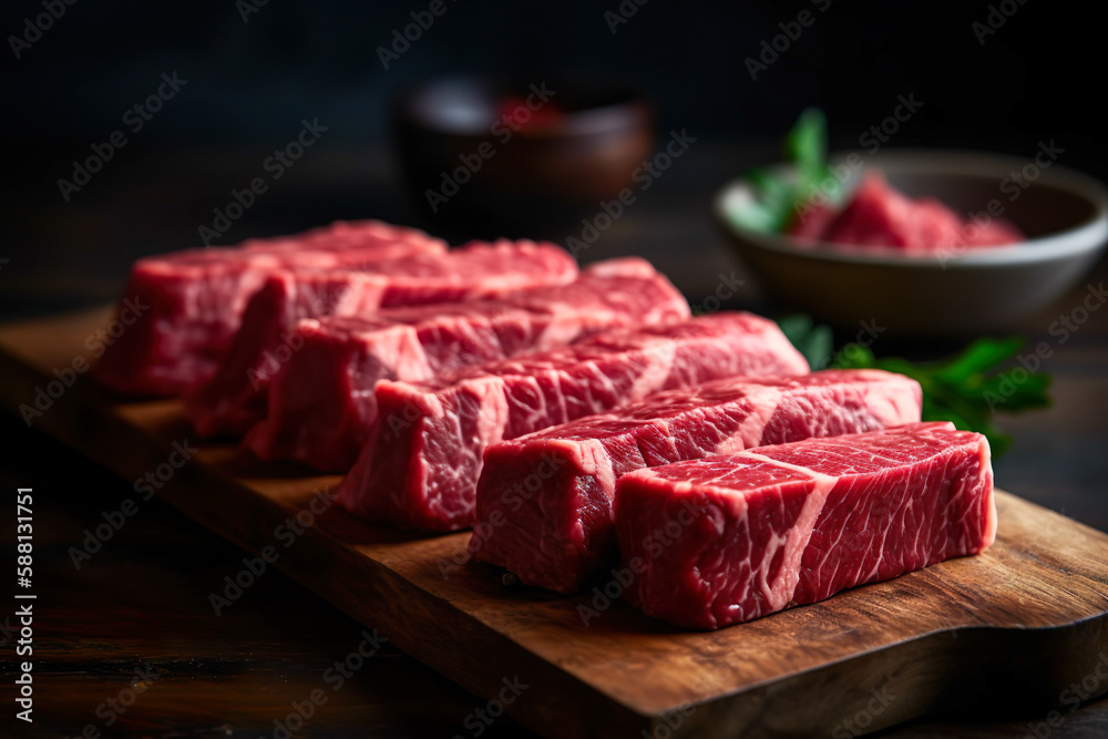 Fototapeta premium Viande grillade, barbecue, morceaux de boeuf. Générative IA.