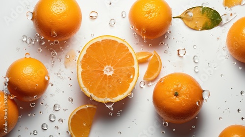 oranges citrus fruits with drops of water on a white background