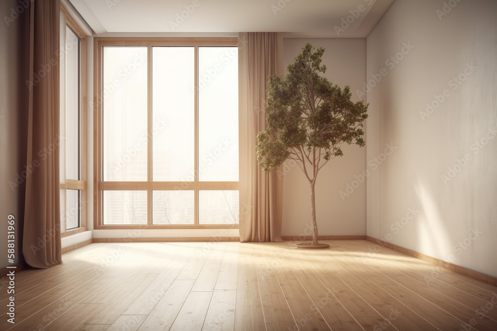 Illustration of an empty room with a tree in the corner. Generative AI