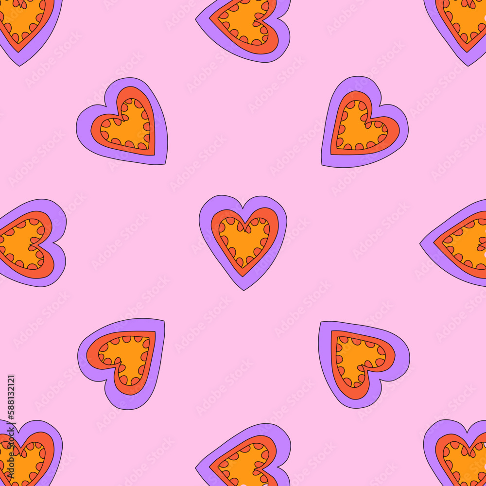 1970 psychedelic seamless pattern. 1970s good vibes hearts ornament. 1960 retro Valentine. Hippie peace and love. Funky and groove card. Trippy art.Hippie wallpaper background poster	