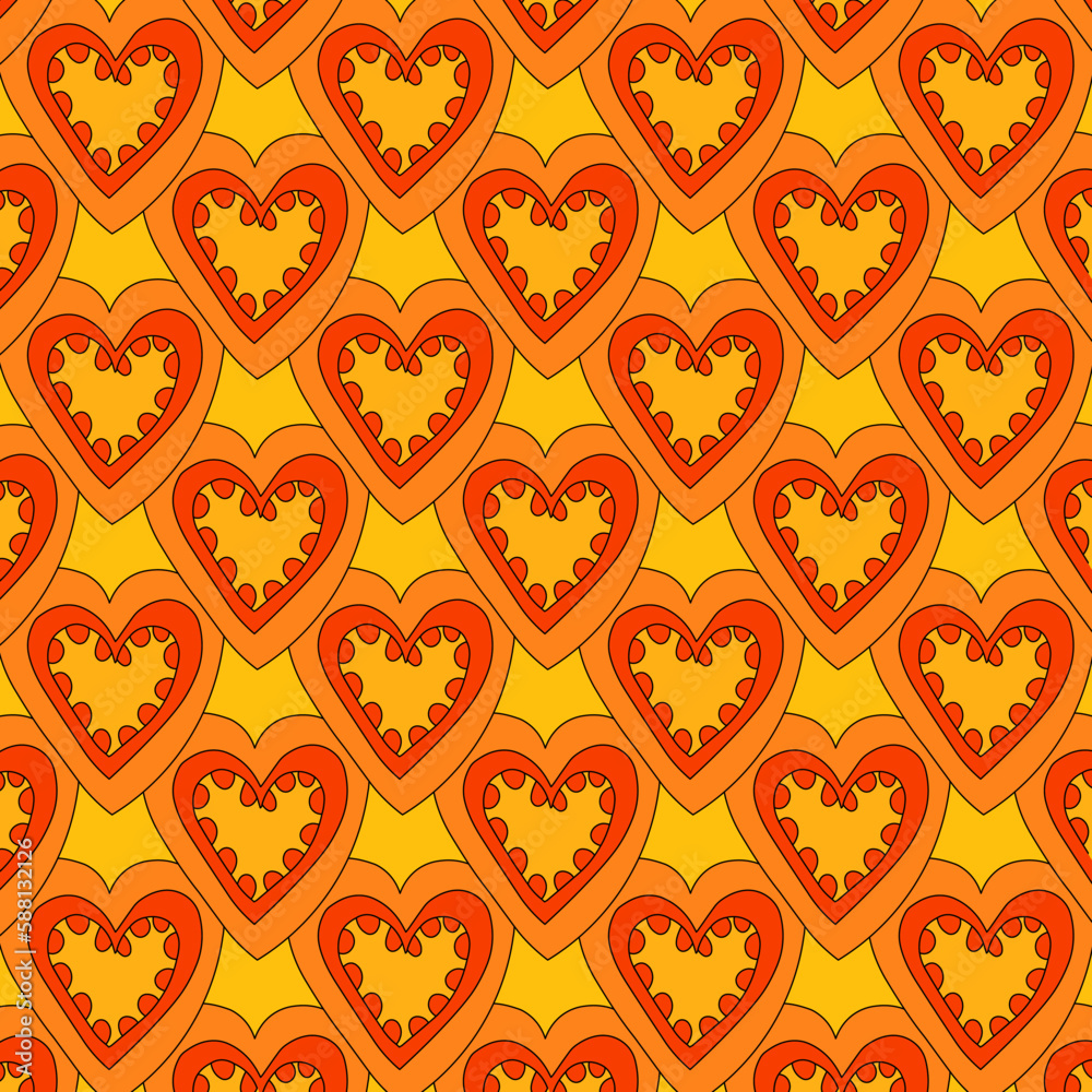 1970 psychedelic seamless pattern. 1970s good vibes hearts ornament. 1960 retro Valentine. Hippie peace and love. Funky and groove card. Trippy art.Hippie wallpaper background poster	