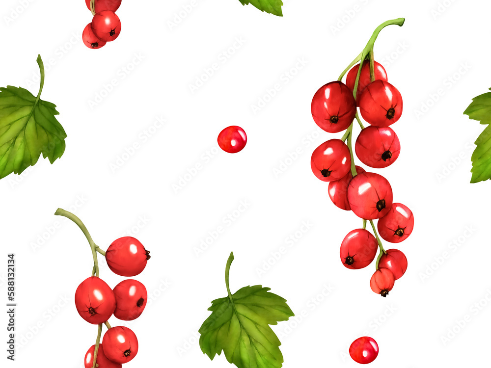 Seamless pattern with red berries. Watercolor currant isolated on transparent background. Hand drawn botanical illustration. Clip art berry branches. Viva Magenta color.