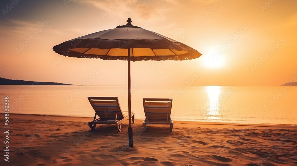 Two Deckchairs Under Parasol In Tropical Beach At Sunset. Generative AI Two Deckchairs Under Parasol In Tropical Beach At Sunset. Generative AI