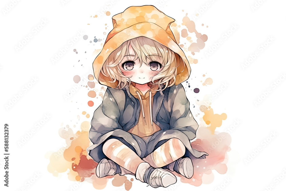 Cute Girl Anime Kawaii Watercolor Ilustration AI Generated Stock