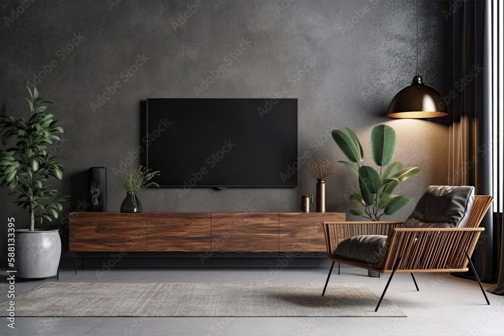 modern living room with a large TV and indoor plant. Generative AI modern living room with a large TV and indoor plant. Generative AI