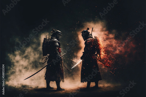 two knights in a suit, samurai duel with rivals in the evening the atmosphere is tense, with the smoke heating up. Generative AI