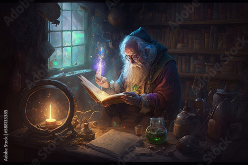 Fantastic beautiful wizard making spells in his cell. Creative vector illustration design character. Magic and wizardry. Ai generated