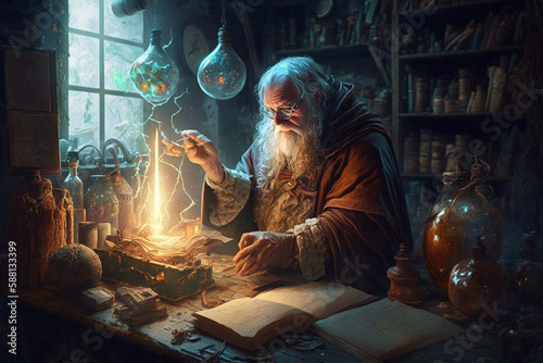 Fantastic beautiful wizard making spells in his cell. Creative vector illustration design character. Magic and wizardry. Ai generated