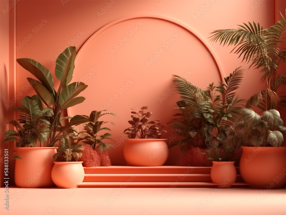 Flowery podium surrounded by indoor plants for product presentation and advertising Flowery podium surrounded by indoor plants for product presentation and advertising