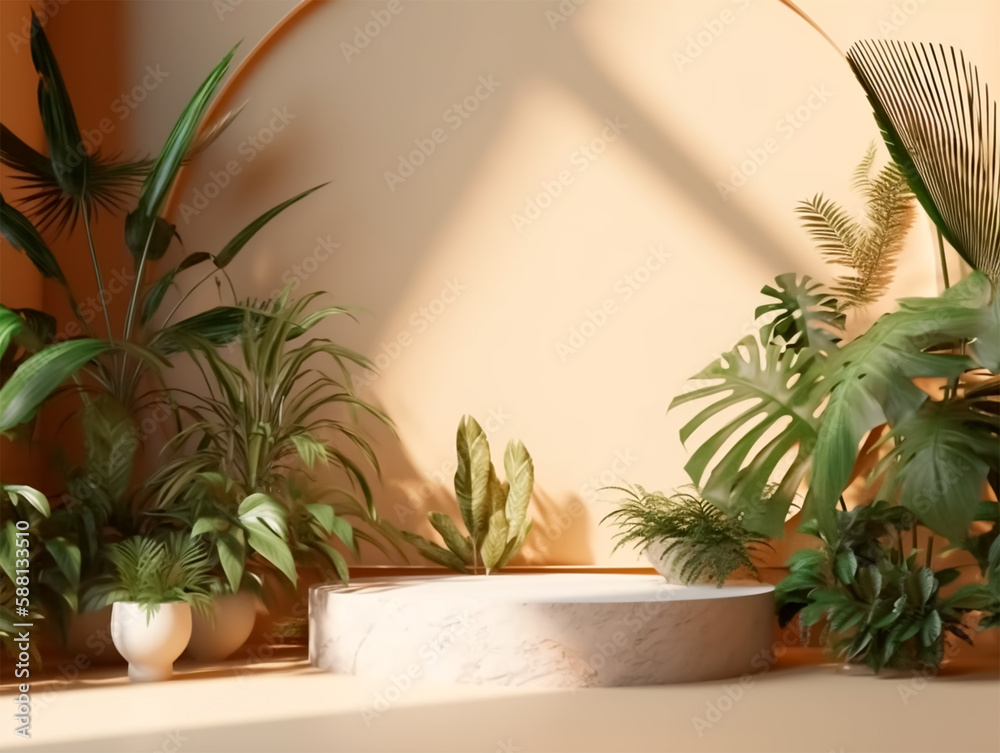 Flowery podium surrounded by indoor plants for product presentation and advertising