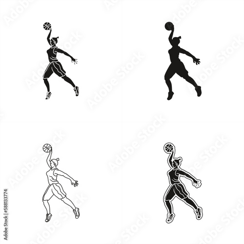 set of monochrome illustrations of female basketball players