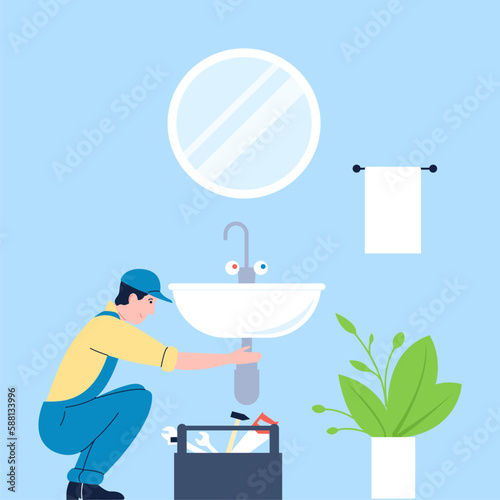 Plumber repair sink in bathroom. Professional plumbers service, handyman with tools work with pipes. Domestic renovation recent vector scene