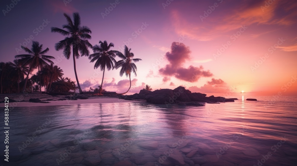 Tranquil Oasis: A Mesmerizing Sunset on a Tropical Beach with - Generated AI