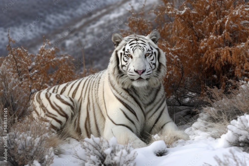 Obraz premium Majestic Snow-Camouflaged White Tiger in the Mountains -- Generated AI
