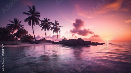 Tranquil Oasis: A Mesmerizing Sunset on a Tropical Beach with - Generated AI © templetify