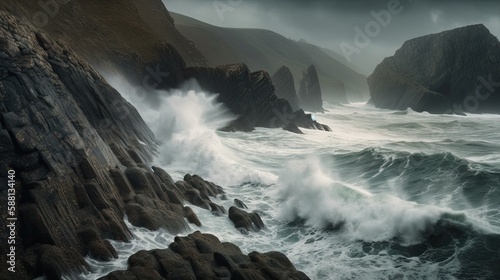 Dramatic Coastal Fury: Depiction of Stormy Cliffs and Crashing Waves - Generated AI
