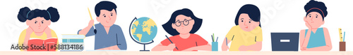 Little pupils studying together, children in library or lesson doing homework. Group studies, writing test or prepare exam. Students recent vector scene