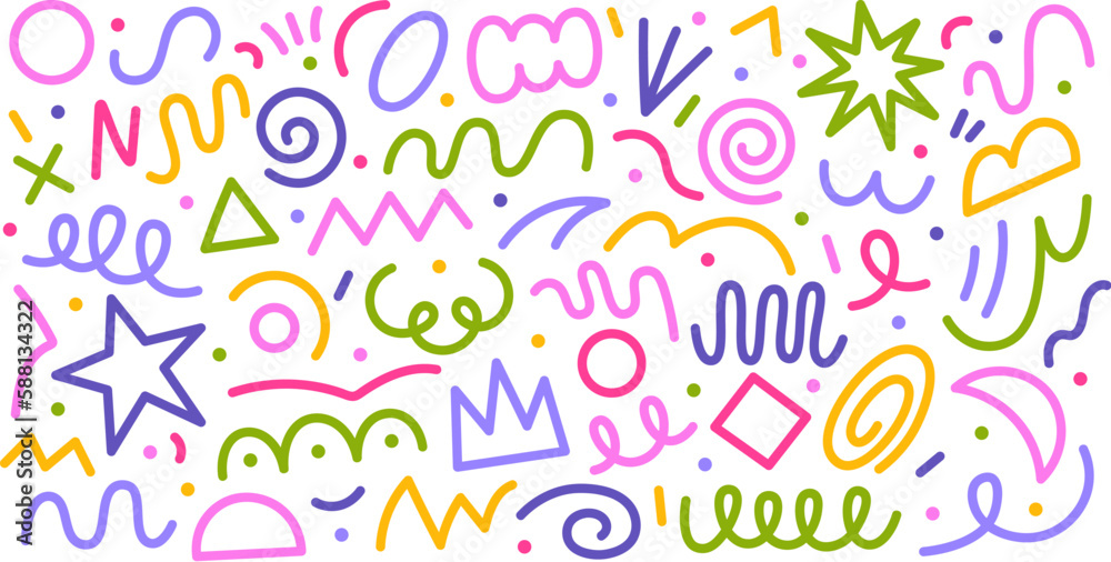 Abstract color line doodle shapes. Lines drawing, cute infographics elements. Party, kids decorative painting. Scribble trendy racy vector clipart