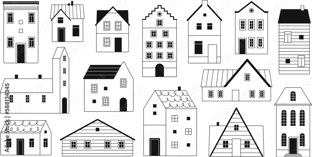 Black outline different houses. Buildings and apartments, isolated doodle line homes. Urban architecture elements, decorative racy vector graphic