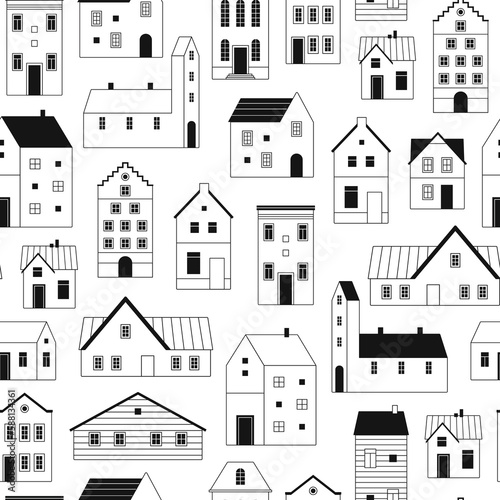 Tiny doodle homes seamless pattern. Houses coloring page, outline buildings fabric print design. Urban background, racy decorative vector graphic